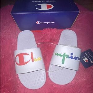 Champion Super Slide White/Rainbow‎ Split Script Sandals Women's NWT Size 9